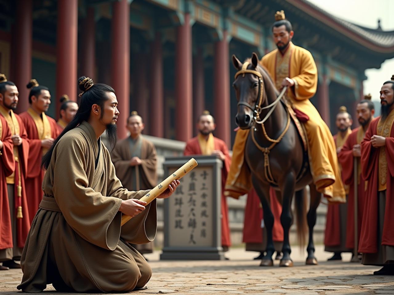 Generate a hyper-realistic photo capturing a pivotal moment in ancient Chinese history. On the left, a 35-year-old man kneels, holding a short, slender bamboo board with both hands. His eyes are fixed on the bamboo board with a respectful and solemn expression as he faces the young emperor, who sits atop a majestic horse. The kneeling man's humble yet dignified robe in earthy tones complements his neatly groomed scholar’s beard, featuring a pointed goatee and a thin, slightly curved mustache, symbolizing his status and wisdom. Beside him, male attendants in muted red and deep brown Han dynasty robes stand respectfully, some with short, unkempt beards and sparse facial hair, reflecting their modest status and rugged journey. The emperor, exuding authority with sharp features and almond-shaped eyes, is adorned in a luxurious golden robe with intricate dragon embroidery, a tall ceremonial crown atop his head. His youthful face is clean-shaven, emphasizing his vigor and imperial poise. Surrounding him, all-male attendants in vibrant red and gold robes maintain a calm demeanor, some sporting trimmed mustaches or short, well-kept beards that convey their higher-ranking status. One attendant holds a square imperial canopy with flowing tassels, enhancing the scene's regal atmosphere. In the center, a stone stele with partially visible inscriptions adds historical depth. The background is set outside a grand palace, with intricate wooden pillars and tiled roofs visible in the distance. The lighting is soft yet dramatic, emphasizing the intricate details of the scene.