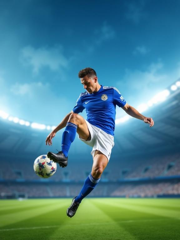 Photograph shows male soccer player in mid-air during an acrobatic kick. He wears a blue and white jersey, white shorts and blue socks. A soccer ball is controlled by his right foot. The player has an intense focus, muscular build, short brown hair, and is clean-shaven. The background consists of a bright blue sky and stadium lights over a green grass field. The image captures dynamic action with motion blur in a professional soccer environment.
