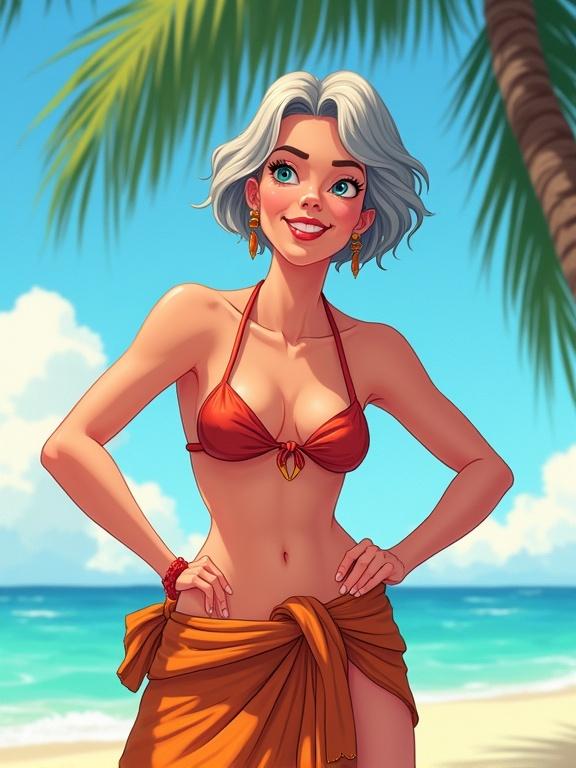 Illustration of a mature woman with short grey hair. She is wearing a bikini and a sarong. The setting is a beach with a vibrant background. The artwork has a Disney style. The woman has a toned body and is posing with her hands on her hips.