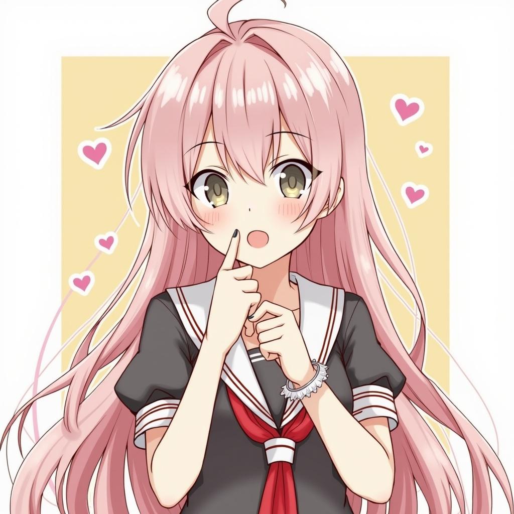 The image features a cute anime girl with long pink hair wearing a black school uniform with a red necktie. She has big, expressive eyes which are a bright shade of green. The girl is shown with a shy expression, gently biting her finger while blushing. Behind her, there is a light yellow background and small pink hearts, enhancing her cute and innocent vibe. This character design embodies the typical themes found in anime, conveying playful emotions.