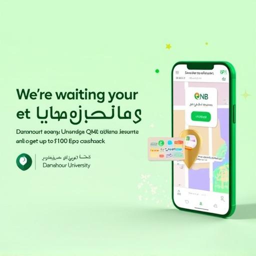 Promotional design with light green background. Image has an open map and location pin showing Damanhour University logo. Smartphone displays banking app interface with colorful icons and Login button. Clear Arabic text announces offer. QNB and Damanhour University logos included at bottom. Style is youthful and vibrant with design elements like stars.