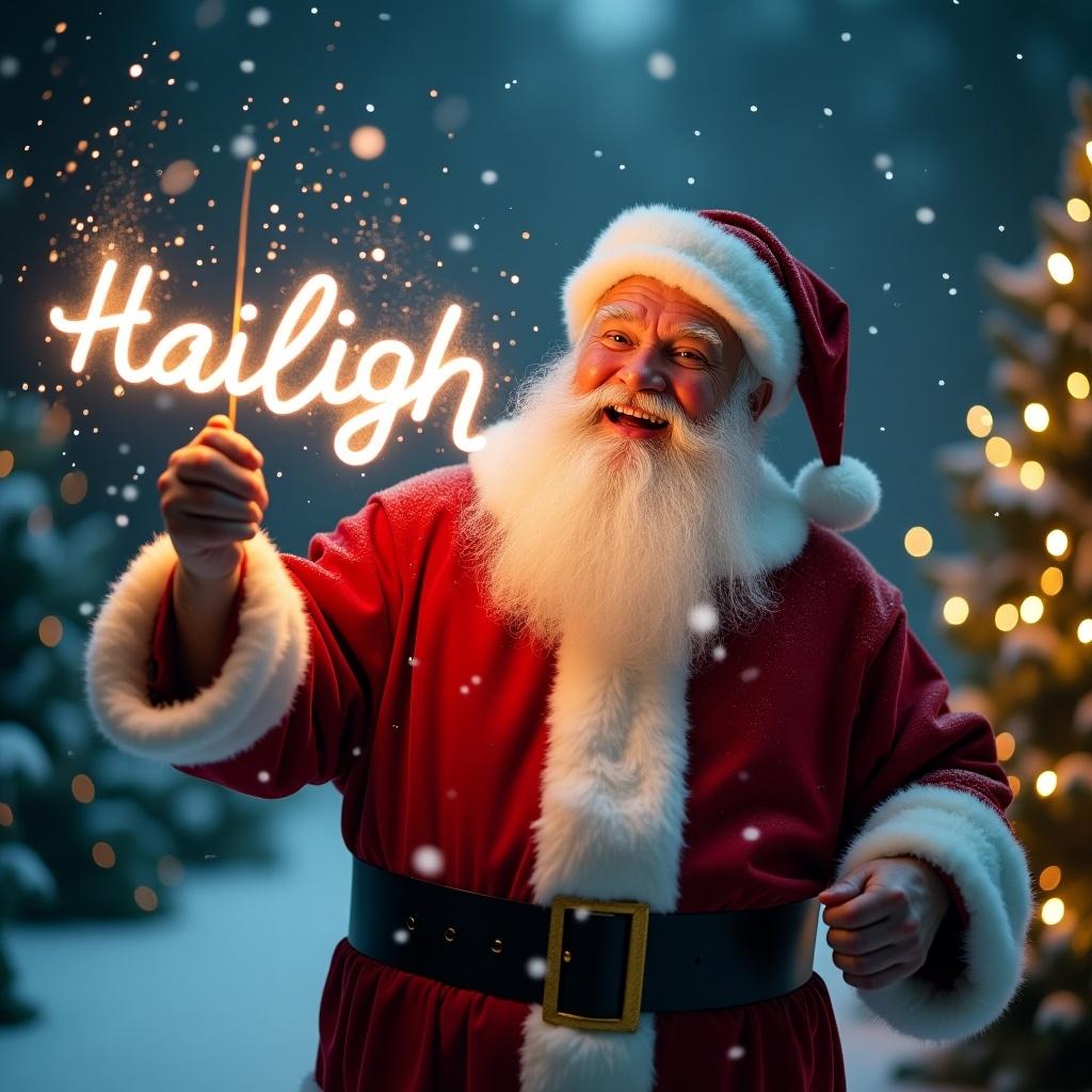 The image depicts a jolly Santa Claus celebrating Christmas night. He wears a traditional red suit and white fur trim, surrounded by softly falling snow. Santa is joyfully holding a glowing stick that lights up the word 'Haileigh.' The background features twinkling fairy lights and gently illuminated Christmas trees. This scene evokes a sense of warmth and magic associated with the holiday season.