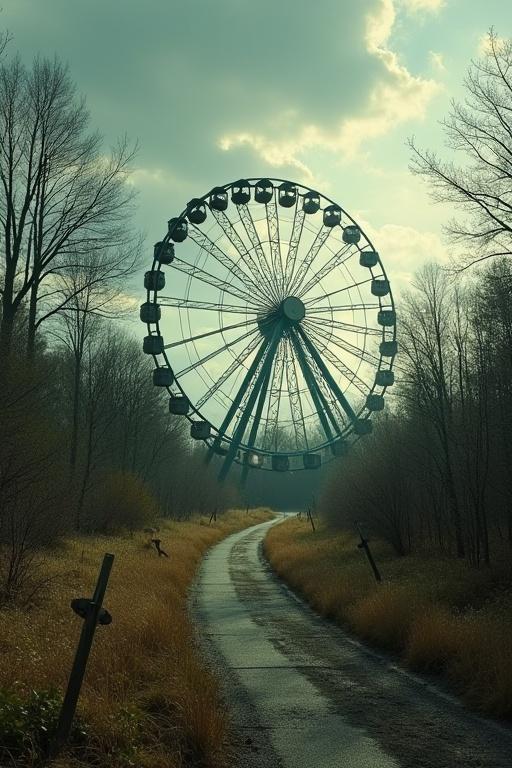 An abandoned amusement park scene featuring a large ferris wheel in the distance. A narrow path leads through overgrown grass. Surrounding trees are bare. Cloudy sky looms overhead. Visually striking yet haunting atmosphere.