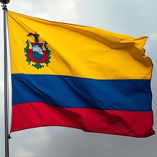 Flag of Colombia. The flag has three horizontal stripes. Top stripe is yellow. Middle stripe is blue. Bottom stripe is red. Flag waving in the wind. Bright daylight. Background shows sky and clouds.
