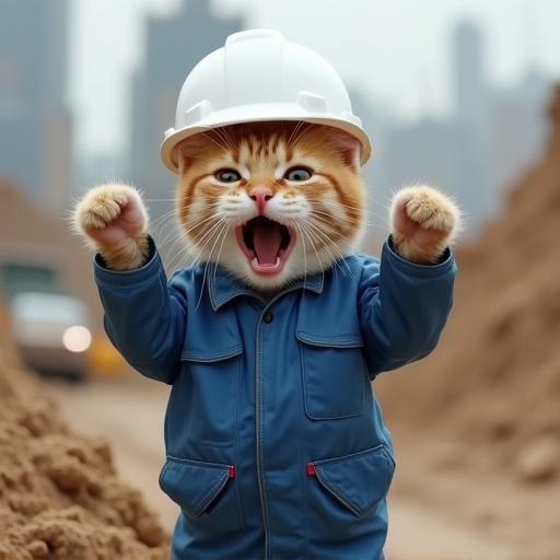 A realistic cat in a white safety helmet and blue work uniform is on a construction site. Cat appears scared and is in a shouting pose, styled in Genba Neko.