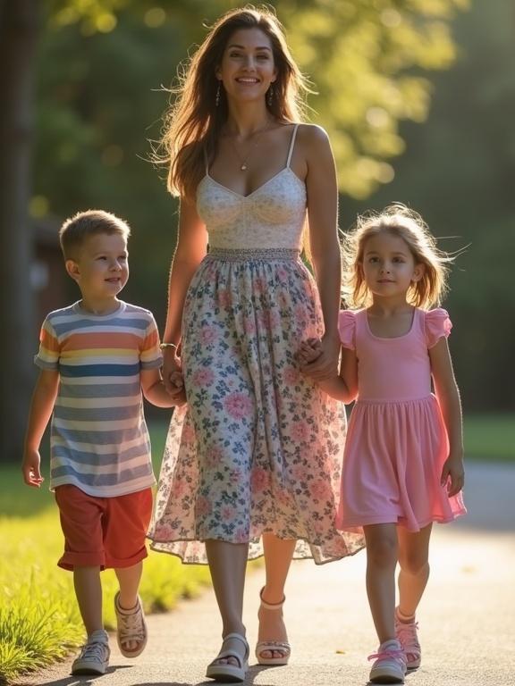 A beautiful mother walks with her two children along a path. They share a moment of joy. The setting shows warm sunlight and greenery. The scene captures a casual summer vibe with vibrant colors.