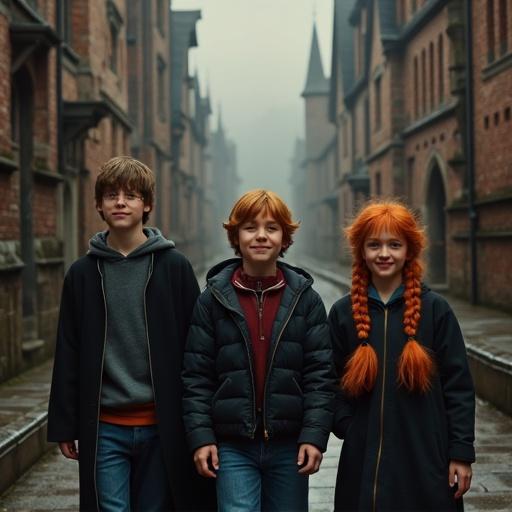Three children pose in a magical setting. They wear cozy clothes. Background shows tall, gothic buildings. Soft fog surrounds them. They smile happily.