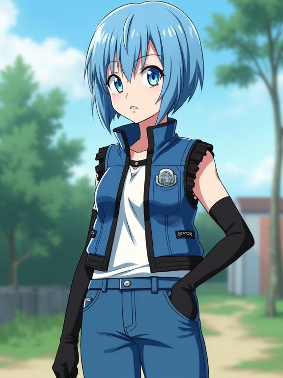 Android 18 from Dragon Ball stands in medium shot. Wears iconic blue denim vest with black stripes and sleeves. White black-sleeved shirt underneath. Blue jeans and black gloves. Short blue hair frames face. Blue eyes. Simple outdoor setting with blurred trees and grass in background. Digital anime illustration with shallow depth of field and natural lighting emphasizes subject.
