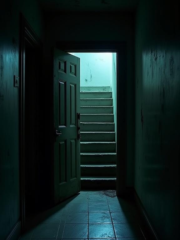 Dark basement door slightly ajar with faint light glowing from below. Staircase barely visible in the darkness. Horror film composition with unsettling shadows and tension-filled lighting.