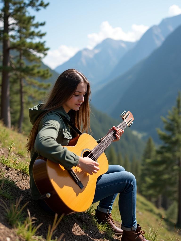 Young woman plays guitar on hillside. Scenic mountains in the background. Sunny day with clear blue sky. Music inspires nature.