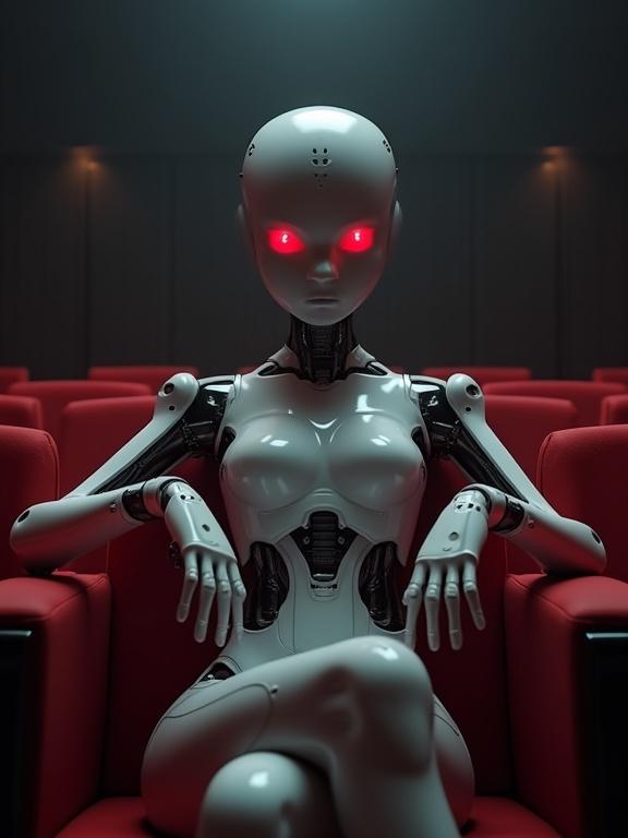 Faceless female android robot with a sleek design sits in a theater with legs crossed, red eyes glowing, styled in a modern futuristic fashion.