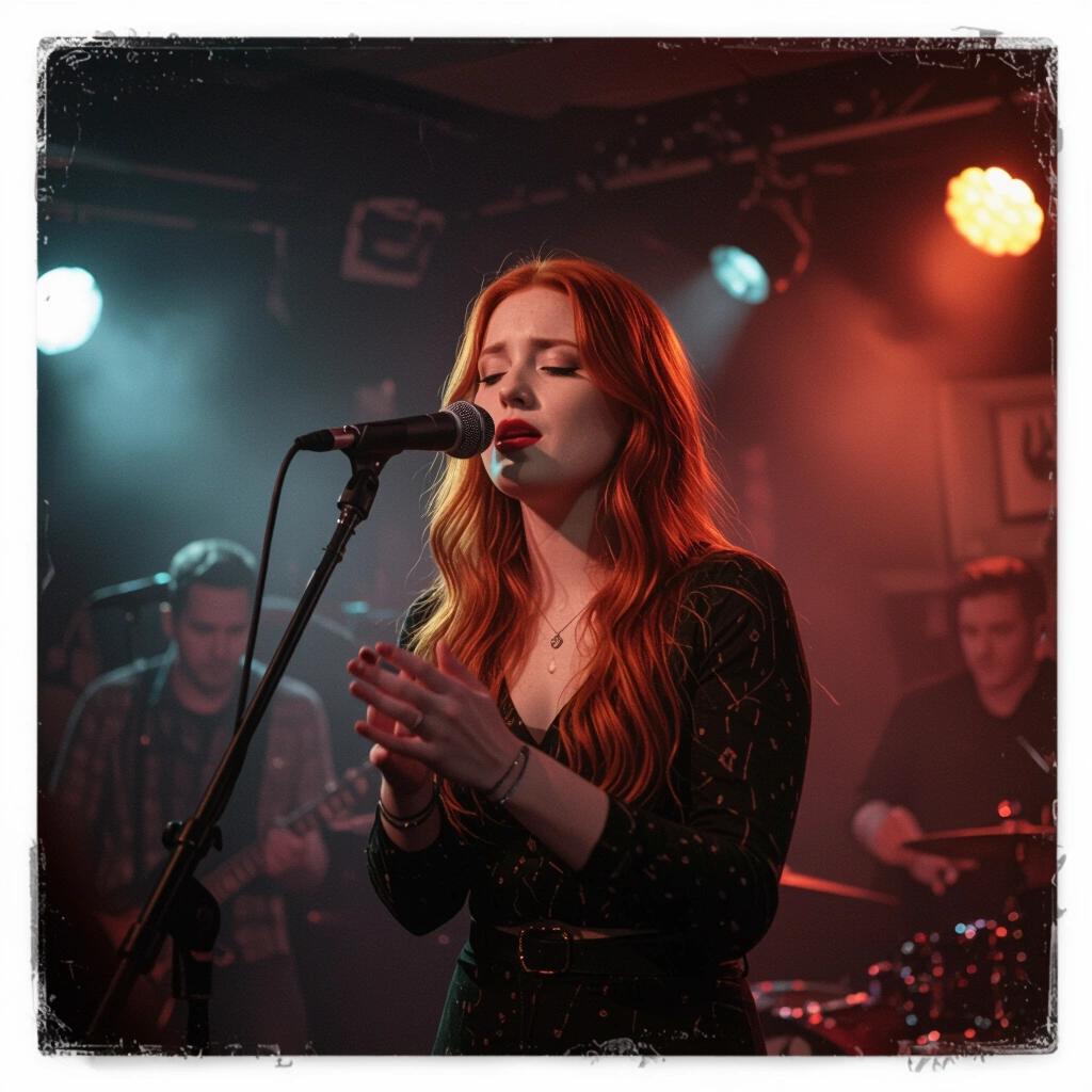 A girl with red hair sings on stage in a smoky pub environment. The scene captures a dark night atmosphere through dramatic lighting. The backdrop is set with band members in the distance, creating an intimate music setting.