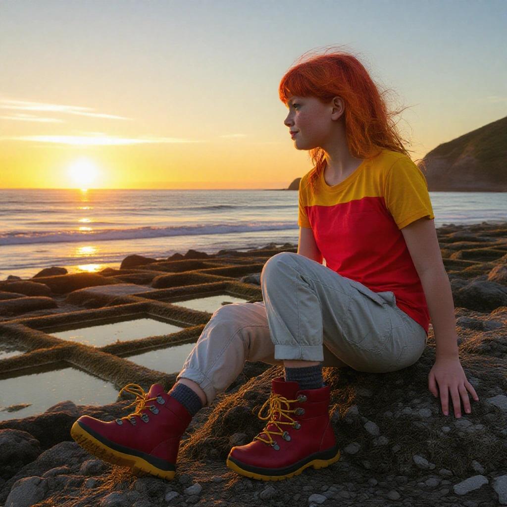 Girl with red and yellow hair wearing colorful outfit sitting at beach during sunset. She is looking at rock pools. The background shows the ocean at sunset.