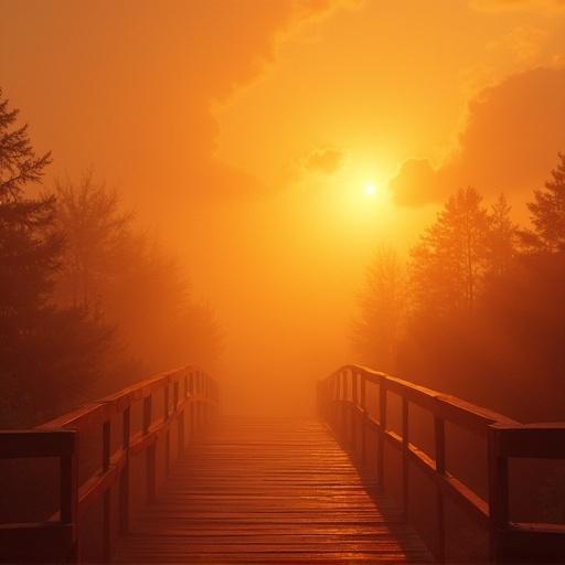 Foggy landscape with a wooden walkway. Warm tones of burnt orange and amber dominate the scene. Soft light from the sun shines through the mist.