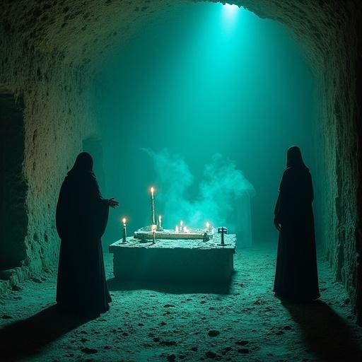 Ethereal and ghostly representation of an ancient ritual in an underground chamber. Figures barely discernible wearing ancient robes perform solemn gestures around a rudimentary altar. A mystical blue light emanates from a central point illuminating arcane symbols engraved on the walls. The atmosphere is solemn and charged with supernatural energy.
