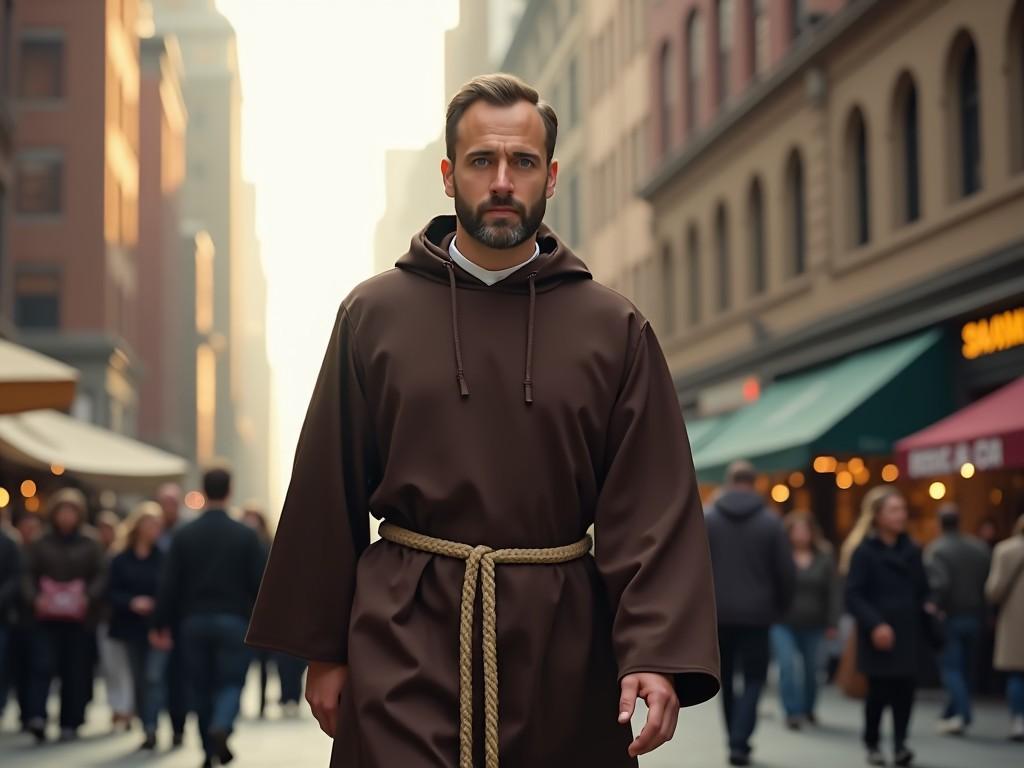 The image depicts a man dressed in a brown robe, reminiscent of a monk, confidently walking through a busy urban street filled with people. His expression is serious yet contemplative, suggesting deep thoughts amidst the hustle and bustle of city life. The background is a blend of shops and pedestrians, hinting at modernity juxtaposed with spirituality. Soft, warm light filters through the streets, creating a serene atmosphere. This scene captures the essence of modern life while paying homage to traditional values.