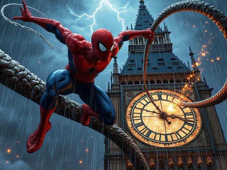 Dynamic comic book splash page features Spider-Man dodging Doctor Octopus on gothic clock tower. Rain falls with dark moody colors. The clock shows large gears. Spider-Man in acrobatic pose fires webbing. Doctor Octopus with tentacles crashing gear.