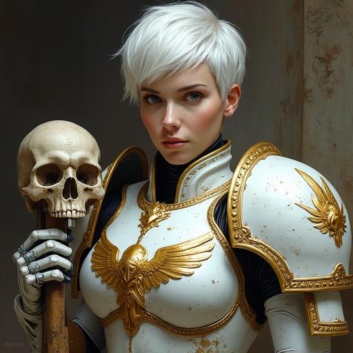 Digital painting of Adepta Sororitas from Warhammer 40k. Character has short white hair, solemn expression. Wearing detailed ornate power armor with gold trim. Emblem on chest plate. Gauntlet near human skull. Background dark with smoke. Moody atmosphere. Painterly style.