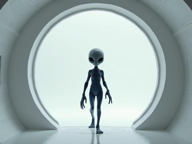 Photo realistic grey alien with a big head and long fingers wearing a dark blue bodysuit walks inside a round UFO. Interior is sleek and smooth with textures and shadows creating a soft reflection.
