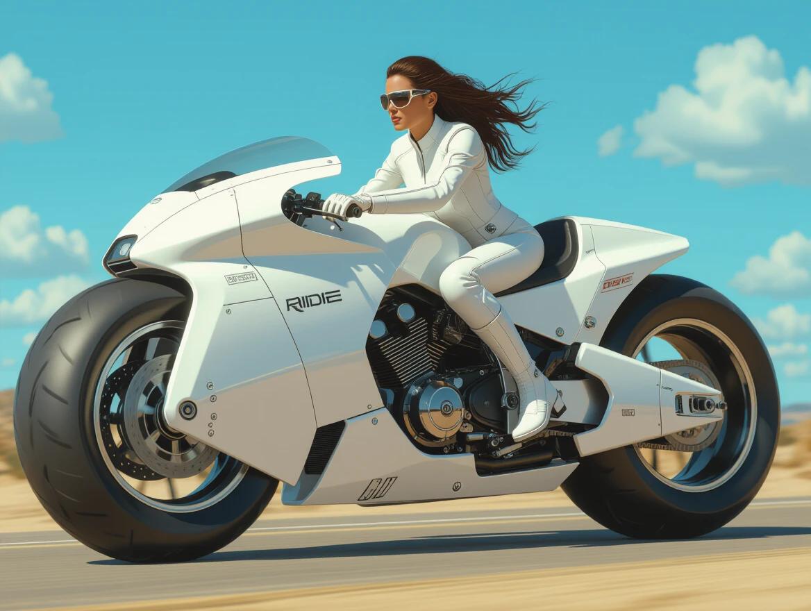 Retro futuristic motorcycle featuring a female rider in white attire. Big dirt tires. Captured in an open landscape with a blue sky.