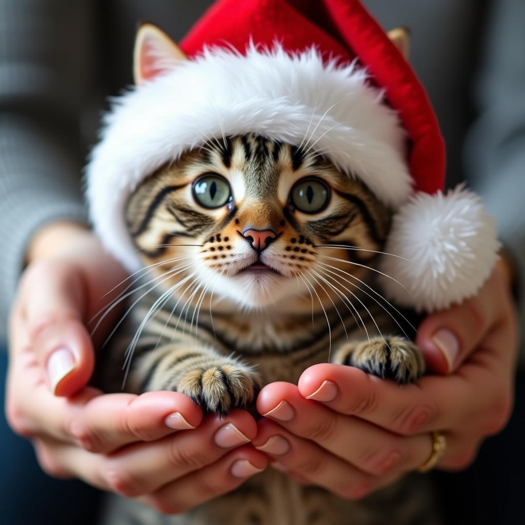 Cat wearing Santa hat. Human hands gently holding the cat. Cat looks cute and curious. Softly blurred background. Emphasis on cat and hat.