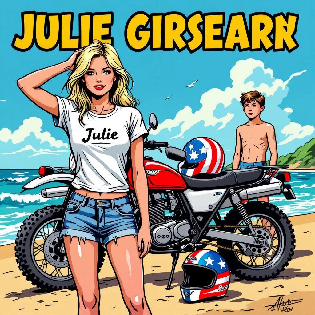 Realistic comic-style image shows a blonde girl at the beach. She wears a t-shirt with 'Julie' written. Next to her is an off-road motorcycle. One hand is in her hair. A helmet rests on the motorcycle seat with stars and stripes. Background features a boy in swimming trunks observing the motorcycle.