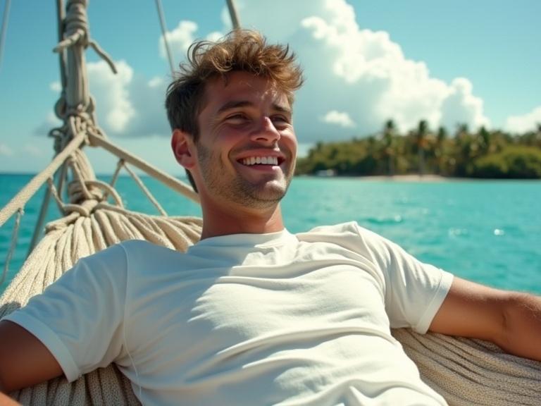Wide angle photo of a young man on a sailboat. He rests on a hammock wearing a white t-shirt. Scene captures bright sunshine and turquoise ocean. Background features palm trees and white clouds. A 1970s vintage film aesthetic is present. Full body shot with cinematic quality.