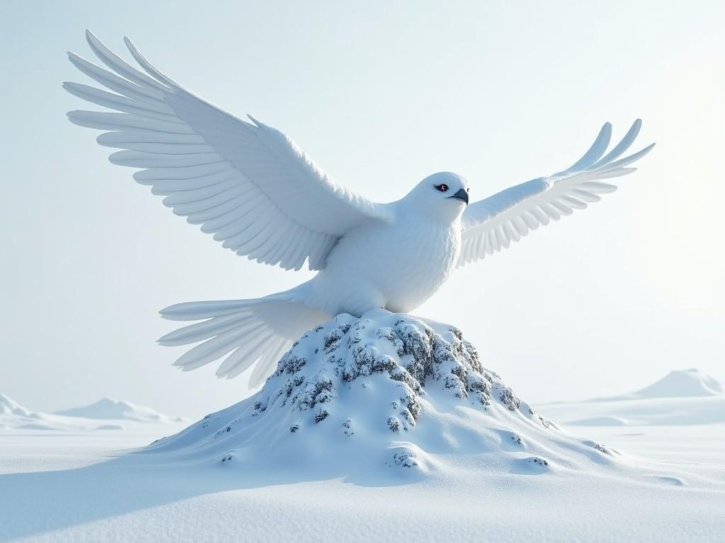 A white bird with outstretched wings perched on a snow-covered mountaintop in a serene winter landscape.