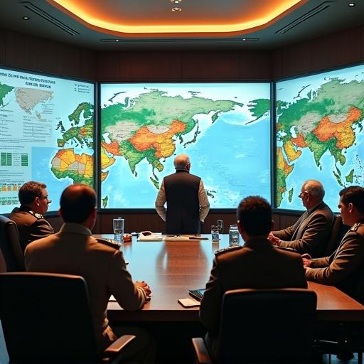 Inside a modern War Room of the Ministry of Defence. A leader stands with back towards the camera. Military chiefs and advisors are seated. They are analyzing maps and screens displaying troop deployments and intelligence reports. The room is equipped with advanced technology for strategic discussions. Focus is on border security and military preparedness along Pakistan. Gathering for discussions about possible response to border skirmishes.