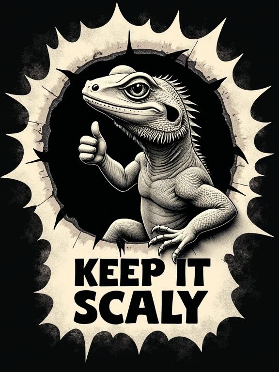 Bearded dragon lizard breaking through torn paper with thumbs-up. Lizard has cool sunglasses. Bold text 'KEEP IT SCALY' in vintage style underneath. High contrast black and off-white art for T-shirt print.
