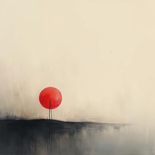 Minimalist conceptual art showcasing a large red sun on a hazy horizon with an ethereal vibe.