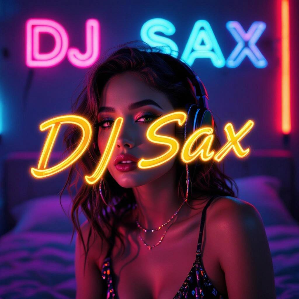 Artistic album cover features dark neon bedroom with RGB colors. Includes dynamic neon writing: DJ SAX. Close up of a stylish individual.