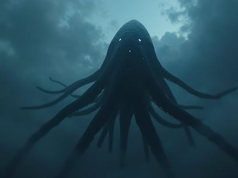 Image shows a dark cinematic view of a massive black tentacled creature. It has a smooth, sleek appearance, breaching through dark clouds. The creature features a round, pointed head with small dark blue glowing eyes. Soft reflections and atmospheric fog add to the realism of this scene.
