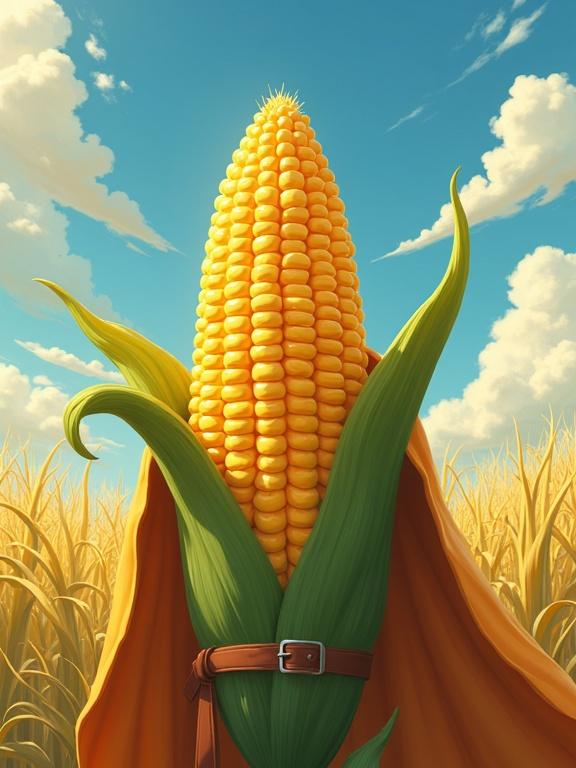 Epic anthropomorphic corn hero. Cel-shaded painterly 3D anime style. Vibrant colors. Bright background with blue sky and clouds. Detailed corn texture. Character dressed in green and brown.