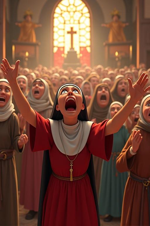Highly stylized cartoon scene in a Pixar-style 3D animated universe. Church packed with cartoon villagers. Elderly women clutch rosaries with tears. Teenagers kneel by altar in awe. A nun raises arms skyward, face lit by stained-glass rays, shouting "Miracle!" amid chaos. Men press hands to chests, mouths wide in exaltation. Statues bleed, red droplets fall into holy water basins. Crowd volume, expressions, body language show frenzied devotion and fear. Consistent church setting, vibrant Pixar lighting, ultra-HD rendering, 8K quality.