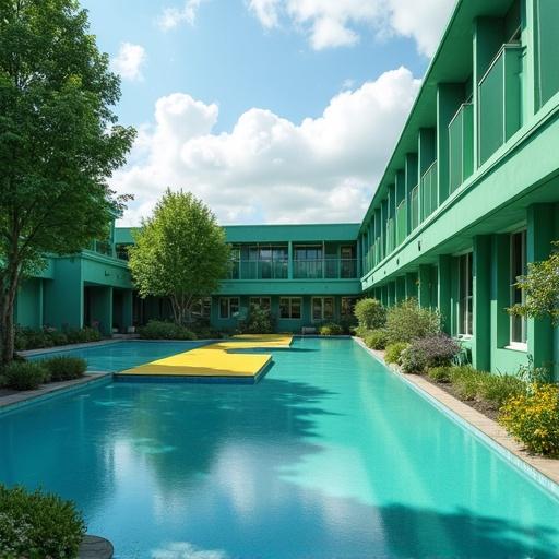 Limus College features a swimming pool surrounded by green and blue buildings. Lush greenery is present around the area.