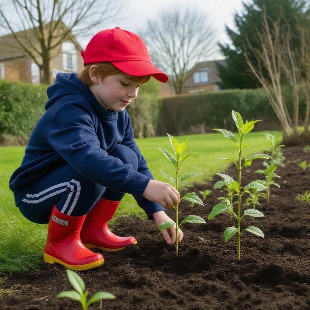 A child plants seedlings in a school garden. The child has auburn hair, wears a red cap, navy-blue top and pants, and red wellington boots. The scene depicts lush green surroundings and well-tended soil.