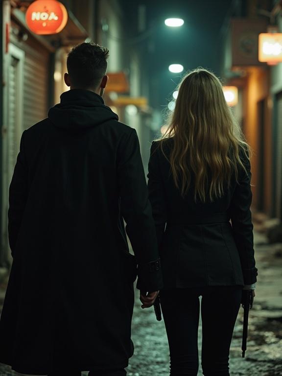 Two characters walk down a narrow urban alley. A man and a woman hold hands with weapons concealed. Dark hair male character wearing black cloak. Beautiful blonde woman wears a fitted jacket. Background shows dimly lit streetlights and alleyway texture. A sense of urgency and tension characterizes their stance.
