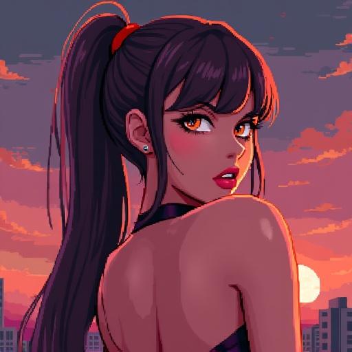 Pixel art depicting a hot anime woman with long hair in a ponytail. She is facing the viewer with an expressive gaze. Background features a colorful sunset skyline.