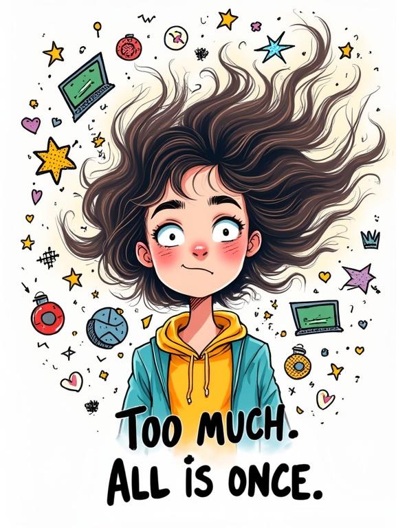 A character with overwhelmed expression stands amidst swirling colors and shapes. Floating hair and wide eyes convey tension. Visual elements like alarms and stars create chaos. Text at the bottom reads 'Too much. All at once.'