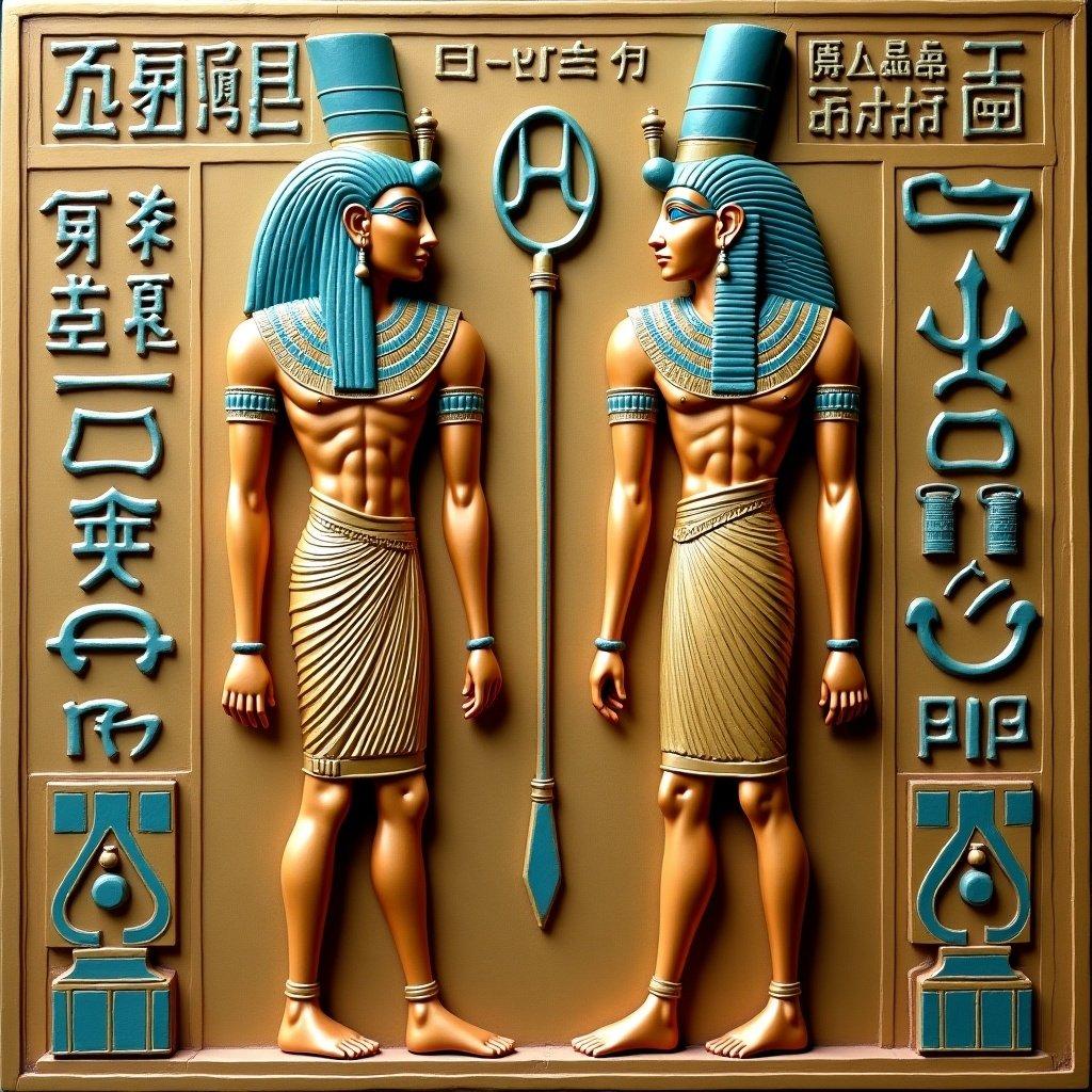 Intricately designed wall relief inspired by ancient Egyptian art. Two pharaohs stand side by side in traditional attire. Vibrant colors like gold and turquoise emphasize importance. Surrounding symbols and hieroglyphs, including cartouche representing royal names. Overall style showcases ancient Egyptian craftsmanship.