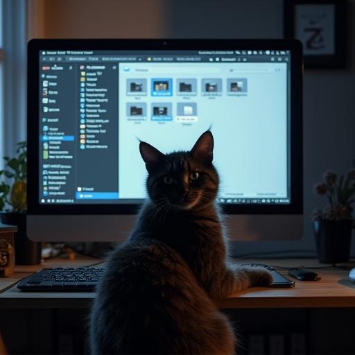 A cat sits in front of a computer screen displaying a file manager. The screen shows the outline of various files. The cat looks back at the camera with a curious expression. There is a noticeable inscription f1zik on the screen. The setting has a cozy home office vibe with warm lighting.