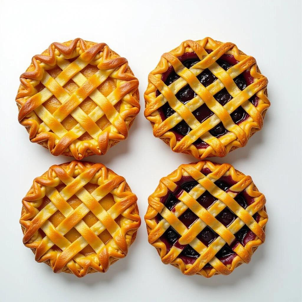 Four individual pies with golden lattice crusts. Two pies have berry filling, and two have apple filling. The pies are presented on a white background for emphasis.