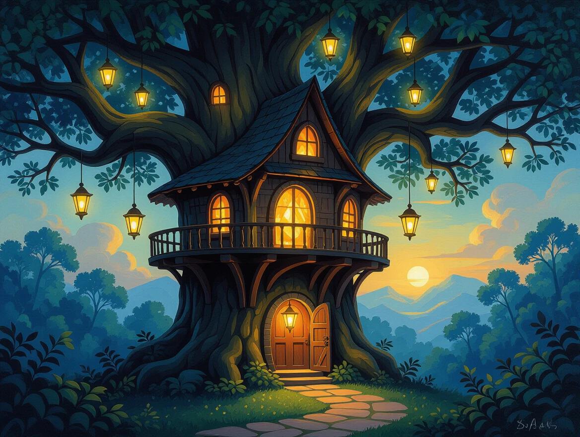 A magical treehouse integrated into the branches of an ancient tree at night. Lanterns illuminate the structure from within. The atmosphere is serene and enchanting. The painting style involves thick strokes of oil paint, creating a three-dimensional effect. Vivid colors contrast deeply with shadows.