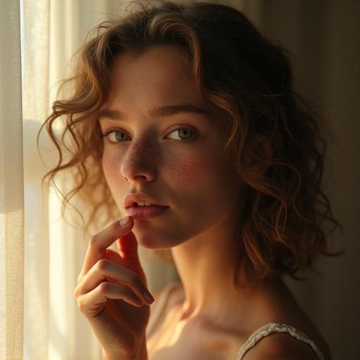 Portrait of a young woman with curly hair Sunlight filters through sheer curtains creating a hazy background Girl has a shy expression with freckles Evokes warmth and intimacy Soft romantic atmosphere reminiscent of classic photography Hand against mouth
