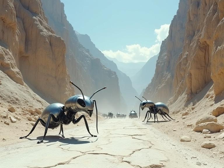 Create a scene featuring huge sleek silver metallic biomechanical ants in a white desert with dark cave tunnels in tall mountain canyons. The sky is blue and sunny. The ground shows hard, dry, cracked roads. The image has a cinematic feel with realistic textures and shadows.