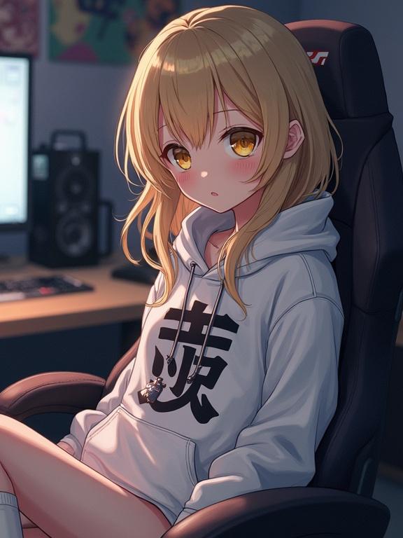 Character has porcelain-pale skin with a small nose and light freckles. Body is petite with soft features. Long, messy sandy blonde hair and golden yellow eyes. Wearing a slightly oversized white hoodie with Tokyo Ghoul Kanji, knee-high socks, and a silver cross necklace. Leaning back in a gamer chair, looking at viewer in a dimly lit room. Anime style with slight semi-realism.