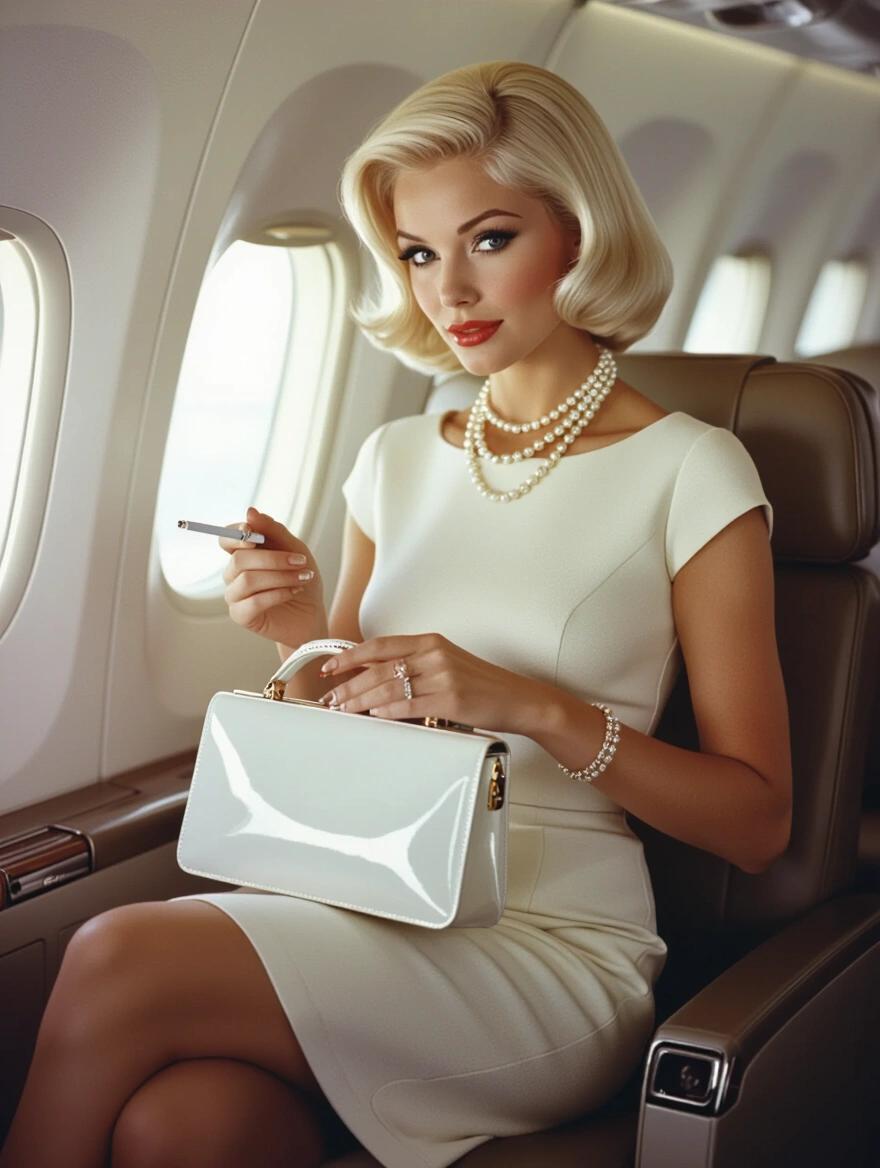 A beautiful woman with platinum blonde hair sits on an airplane. She holds a shiny white purse. She wears a tight business casual dress and pearls. She reaches into her purse to pull out a cigarette.