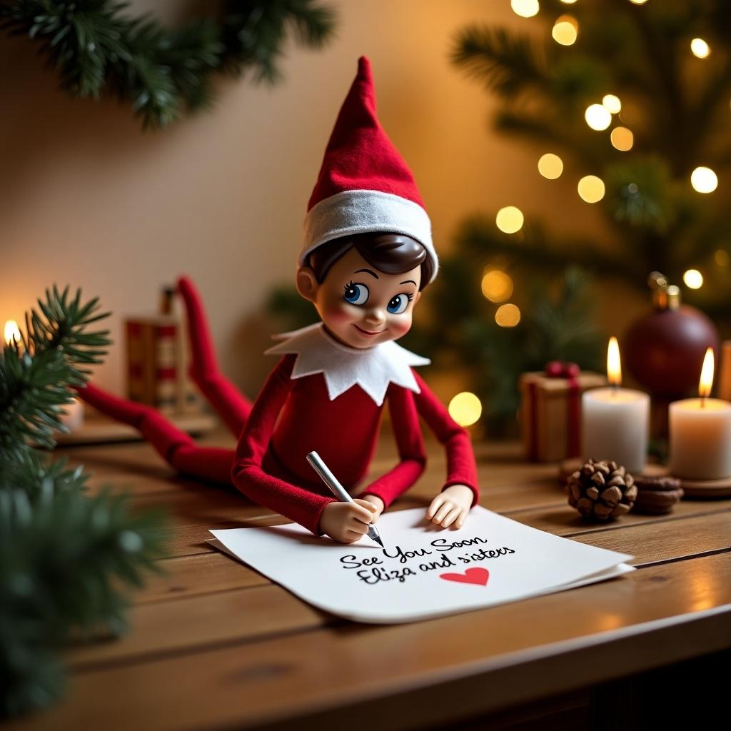 The image depicts a cheerful Elf on the Shelf character dressed in red and white, sitting at a wooden table. The elf is intently writing a letter that says, 'See You Soon Eliza and sisters.' Surrounding the elf is a warm and cozy holiday scene with glowing candles, pinecones, and festive decorations. The soft lights in the background create a magical atmosphere typical of the Christmas season. This scene exemplifies the spirit of holiday traditions and family connections during Christmas time.