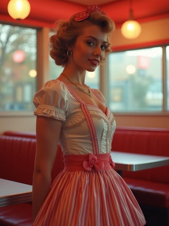 Pinup aesthetics captured in a vintage diner setting. The waitress stands gracefully. Her outfit features classic pink and white stripes. Soft lighting enhances the nostalgic vibe.